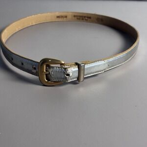 Accessories by Pearl Vintage Silver Metallic Leather Belt Medium Gold Buckle USA
